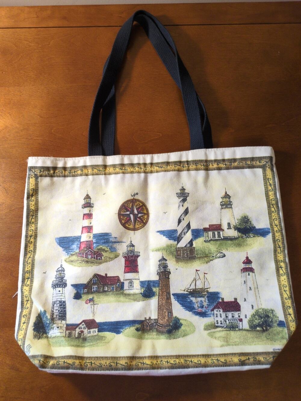 Wegner Lighthouse Tote Bag Canvas Cotton Nautical Beach Coastal Striped Handles